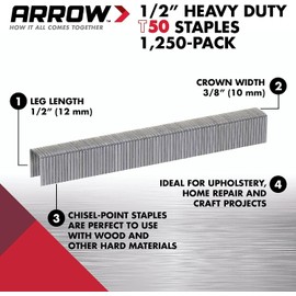 Arrow 508 Heavy Duty T50 1/2-Inch Leg Length, 3/8-Inch Crown, Staples for Upholstery, Construction, Furniture, Crafts, 1250 Count(Pack of 2)