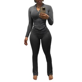 Nimsruc Two Piece Outfits For Women Workout Set Long Sleeve Tracksuit Zip Up Sweatsuits Bodcyon Matching Sweat Pants Sets Dark Grey L