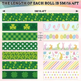 Whaline 12 Rolls St. Patrick's Day Easter Washi Tape Shamrock Clover Bunny Rabbit Decorative Masking Tape Holiday Wrapping Paper Tape for Scrapbook Journal DIY Art Crafts
