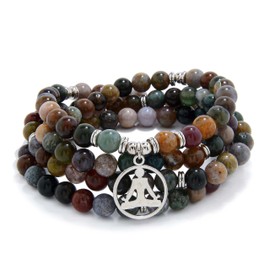 Yoga Charm 108 Mala Zen Buddha Beads Bracelet Necklace for Men or Women (Indian Agate)