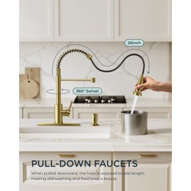 FORIOUS Kitchen Faucet with Soap Dispenser, Gold Stainless Steel Spring Sink Faucet with Pull Down Sprayer Transitional Single Handle for Pot Filler, Farmhouse Camper Bar Laundry Room