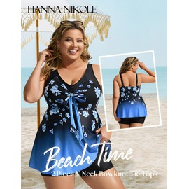 Hanna Nikole Two Piece Blouson Tankini Swimsuits for Women Modest Bathing Suits Loose Fit Swimwear Black&Blue Floral 16W