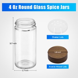 VIBRATITE 12 Pack Spice Jars with Acacia Lids, 4 oz Round Glass Jars Spice Containers Set with Labels, Pen, Funnel, Seasoning Storage Bottles with Shaker Lids for Rack, Cabinet, Drawer