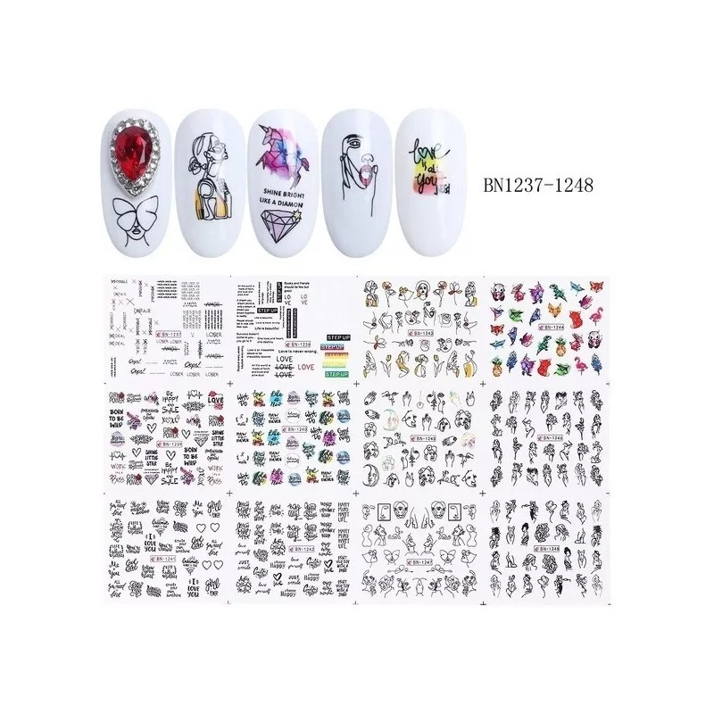 Stickers Nails Tatto Uñas 36 Planillas Mixtas Decoracion