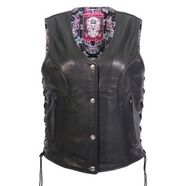 Hot Leathers VSL1017 Ladies 'Sugar Skull' Lined Black Leather MC Vest - Small