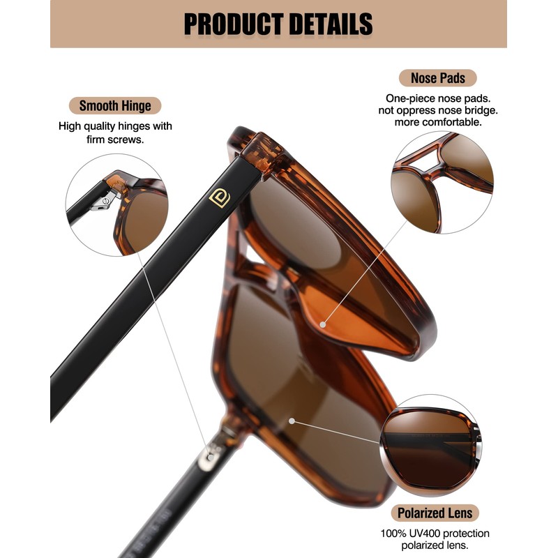 DUCO Retro Vintage Square Polarised Sunglasses Women Men Double Bridge