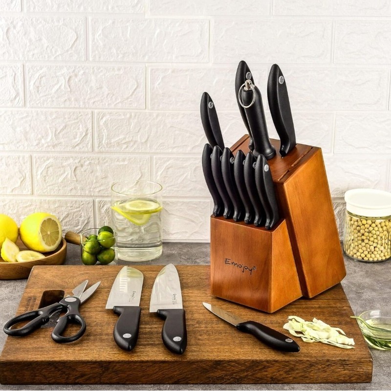 Knife Set 15-Piece Kitchen Knife Set with Sharpener Wooden Block
