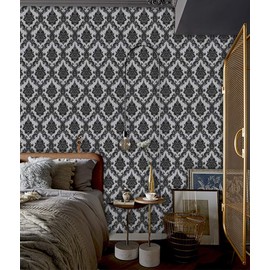 17.7"×78" Peel and Stick Wallpaper for Bedroom Black Contact Paper Black and Silver Wallpaper Decorative Vinyl Film WallCovering Shelf Liner Cabinet