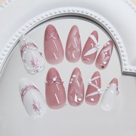 24Pcs Pink Press on Nails Medium Almond Fake Nails with 3D Pearl Diamond Designs Star False Nails Cute Bow Acrylic Nails Pink French Tip Stick on Nails Bow Ribbon Glue on Nails for Women Nail Supplies