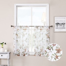 Tollpiz Floral Short Sheer Tier Curtains Taupe Cherry Flower Butterfly Print Half Curtain Kitchen Rod Pocket Voile Linen Look White Sheer Curtains for Bathroom, 30 x 24 inches Long, Set of 2 Panels