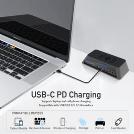 16-in-1 Multifunction USB-C Hub Docking Station with Wireless Charging, Dual 4K HDMI, USB3.0, Type-C PD, ARGB Light, Audio/Mic, for Laptops, Tablets, Phones, Keyboards, Mice & Printers