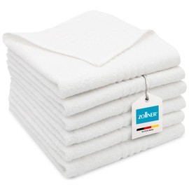 ZOLLNER Set of 6 Hand Towels in 50 x 70 cm – Absorbent Shower Towels in White – with Practical Hanger – with Modern Draft Strips – Washable up to 95 °C – Cotton – Hotel Quality