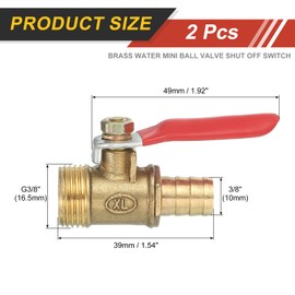 sourcing map 4Pcs Brass Water Mini Ball Valve Shut Off Switch, G3/8" Male x 3/8" Hose Barb, 180 Degree Operation Handle, Brass Valve