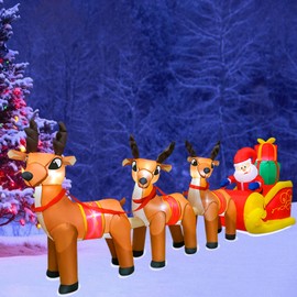 DomKom 10 FT Christmas Inflatable Santa Claus on Sleigh with Three Reindeer, Giant Blow Up Yard Decoration,Built-in LED Lights Decoration for Christmas Party, Holiday Lawn Winter Decor