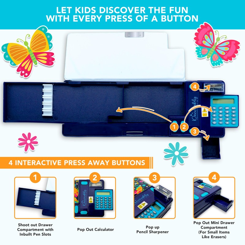 Decorably Multifunctional Butterfly Pop Up Pencil Case with Calculator, Sharpener,