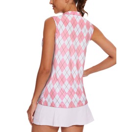 Tanst Sky Sleeveless Golf Shirts for Women, Loose Fit V Neck Tank Tops Quick Dry Moisture Wicking Workout Athletic Polo Tshirt UV Protection Gym Yoga Tennis Top with Pockets Pink Plaid XL