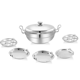 CASSAFLIP Premium Heavy Duty All-in-One Stainless Steel Idli Cooker Multi Kadai Steamer with Induction Bottom Pot Set Includes, Big Size with 5 Plate (2 Idli, 2 Dhokla, 1Patra, Silver)