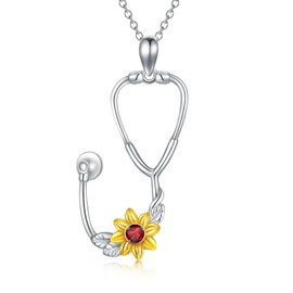 LONAGO Stethoscope Sunflower Necklace with Simulated Birthstone 925 Sterling Silver Medical Doctor Pendant RN Registered Nurse Student Graduation Jewelry Gift for Women (1)