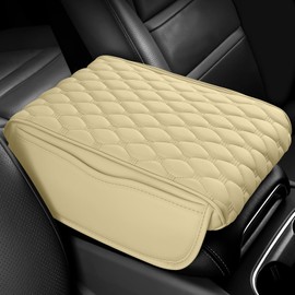 wuyaoyao Car Center Console Cover, 12.6"×8.3"×2.2" Leather Car Armrest Cover with with 2 Side Pockets, Memory Foam Soft Auto Armrest Cushion Pad, Universal Vehicle Arm Rest Protector (Beige)