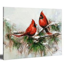 Christmas Wall Art Cardinals Picture - Print Red Bird Painting Stretched and Framed Ready to Hang for Wall Décor
