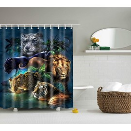 Wild Animal Shower Curtain Lion Tiger Leopard Panther Theme Cloth Fabric Bathroom Decor Sets with Hooks Waterproof Washable Green Orange and Black (70W×70L)