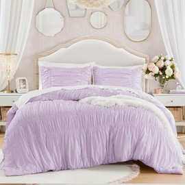 Intelligent Design Queen Comforter Set Ruched Shabby Chic Comforters for Queen Size Bed, All Season Lightweight Purple Ruffle French Country Bedding Set, Shams, Ella, Full/Queen, Lavender 3 Piece