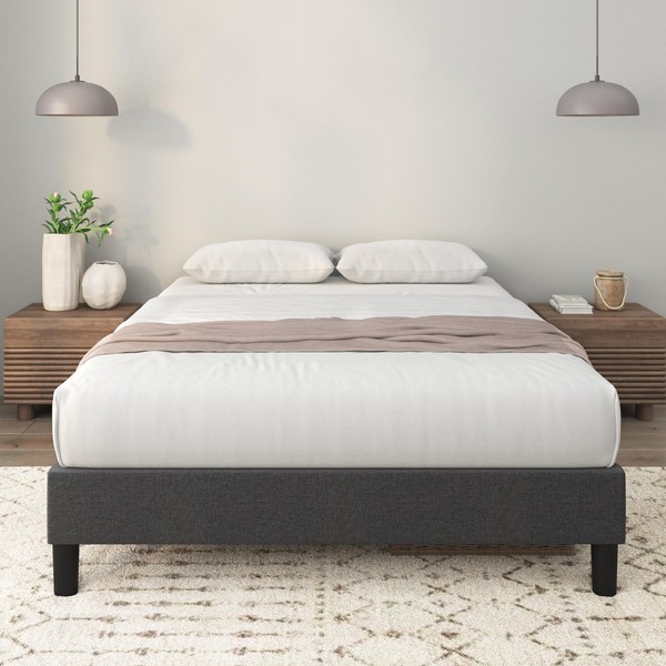 Zinus Curtis Upholstered Platform Bed Frame, Mattress Foundation, Wood Slat
