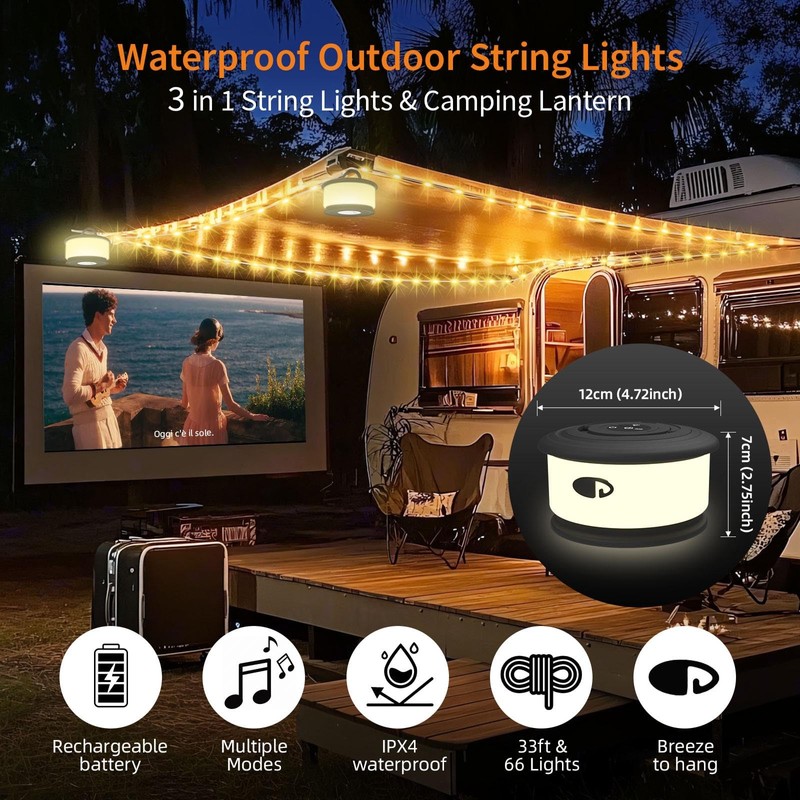 TOHETO Camping String Lights, 3 in 1 Upgraded Retractable RGB