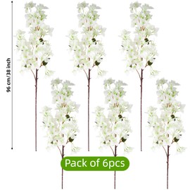 6 PCS Silk Bougainvillea Artificial Flowers，UV Resistant, 36 Branches, Long Stems Faux Flower, Realistic Fake Bougainvillea Vines, for Wedding Porch Home Party Garden DIY Decor - 38 inch (White)