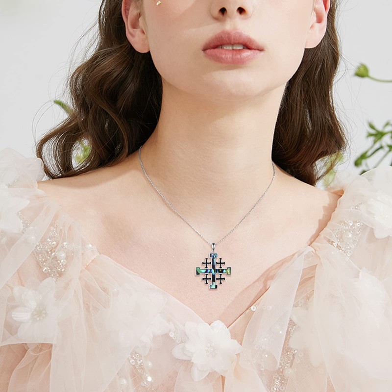 YFN Crusader Jerusalem Cross Necklace Sterling Silver Abalone Shell Cross