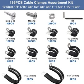 Taiss 136pcs Cable Clips Kit, 10 Sizes 304 Stainless Steel Pipe Clamp with Rubber Insert 6mm/8mm/10mm/13mm/16mm/19mm/25mm/32mm/38mm/45mm R-shaped Pipe Clamps (with Two Types of Screws)