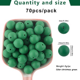 Sunrony 70Pcs Silicone Beads, 15mm Silicone Beads for Keychain Making Silicone Focal Beads Loose Rubber Silicone Beads for Necklace Making Kit and Bulk Round Silicone Beads for Pens (Christmas Green)