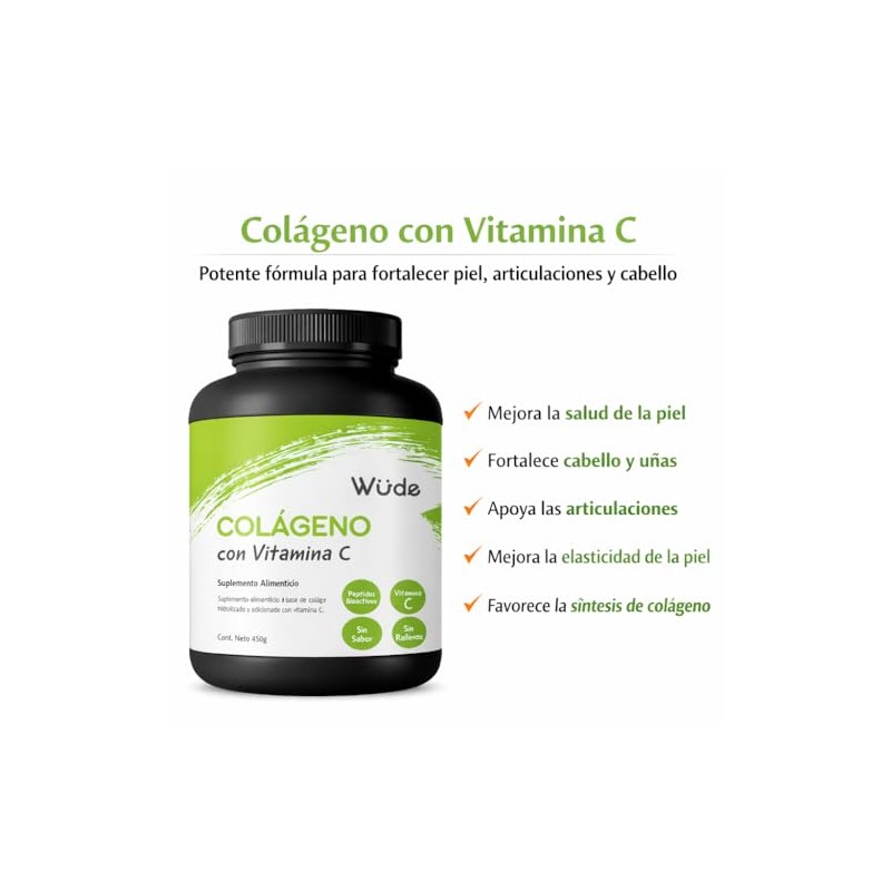 Colágeno Hidrolizado con Vitamina C 450g Péptidos Bioactivos, Sin Sabor,