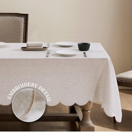 AORISSI 100% French Flax Linen Tablecloths Scalloped Embroidery Rectangle 84Lx60W Inch for Dinners, Parties, Spring, Easter, Machine Washable, 6-8 Sets, Linen(Edges-Gold)
