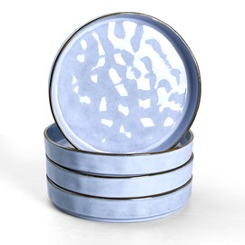 E-far Pasta Bowls Set of 4, 30oz Shallow Salad Bowls for Dinner Serving, 8.25" Stoneware Ceramic Bowl Plates for Noodle Soup, Microwave & Dishwasher Safe, Reactive Glaze, Blue