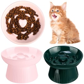 Tioncy 2 Pcs Ceramic Slow Feeder Raised Cat Bowl Cat Food Bowl Elevated Cat Bowls Dry Wet Food and Water Bowl Easy to Clean Pet Bowls High Edge for Cats Small Dogs, Dishwasher Safe (Pink, Dark Green)
