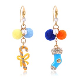 Christmas Candy Cane Sock Earrings for Women Dangle with Cute Colorful Pom Pom Drop Rhinestone Asymmetrical Christmas Earrings for Xmas Party Holiday Festive Winter Jewelry Gift for Teen Girls