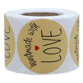 Hybsk Kraft Handmade with Love Stickers with Black Font Total 2" Round 300 Adhesive Labels Per Roll