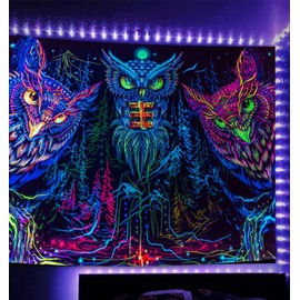 Manicer Blacklight Owl Line Tapestry - Forest Eye Animal Tapestry Wall Hanging UV Reactive Neon Wall Art for Living Room & Dorm Decor - 59 x 51 Inches