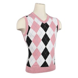 Men's Argyle Sweater Golf Vest - White/Black/Pink/Light Blue Overstitch (Small)