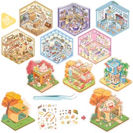 10-Pack 3D House Stickers | Isometric Sticker Therapy for Adults | DIY Scenes Sticker, Build Miniature Rooms,Stress Relief Therapy, Perfect for Crafts/Party Favors