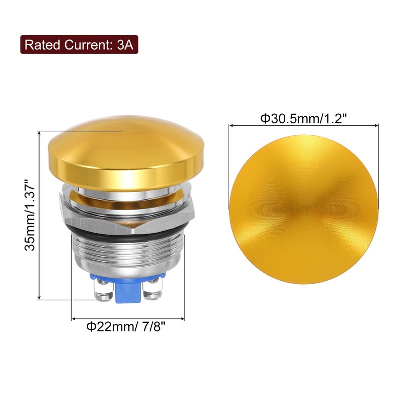 sourcing map 1PCS 3A 250V AC 22mm 7/8" Momentary Mushroom
