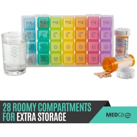 Weekly Pill Organizer - 4 Compartment Am/pm Pill Box, 7 Day Large Travel Medication Dispenser Case for Vitamins and Medicines by MEDca