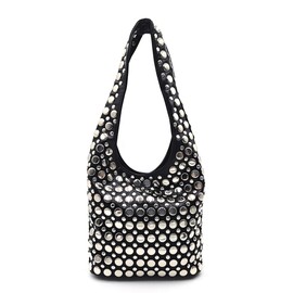 Qiannaura Y2K Vegan Leather Hobo Shoulder Bag - 90s Punk Studded Crossbody Purse for Women, Metal Studs Tote Handbag Fall Trend Top Handle Bag, Black