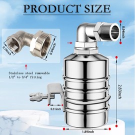 Float Valve,1/2" to 3/4'' water level control float valve, 304 Stainless Steel Fully Automatic Watershut off valve, Automatic Water Level Controller for Tank, Pool, Livestock Troughs.