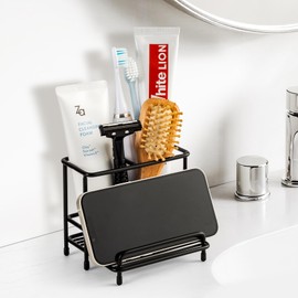 Mustry Toothbrush Holders for Bathroom with Phone Stand, Electric Toothbrush and Toothpaste Holder, Stainless Steel Small Tooth Brush Holder Stand for Bathroom Countertop Accessories Storage, Black