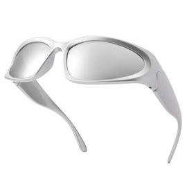 NULOOQ Wrap Around Sunglasses for Women Men – Trendy Swift Y2K Oval Sport Shades Silver Futuristic Sunglasses (Silver Frame/Silver Mirrored Lens)