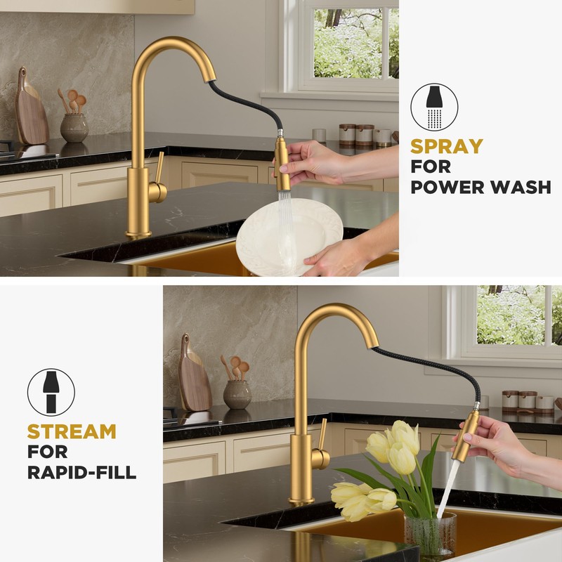 FORIOUS Gold Kitchen Faucet with Pull Down Sprayer, Brushed Brass