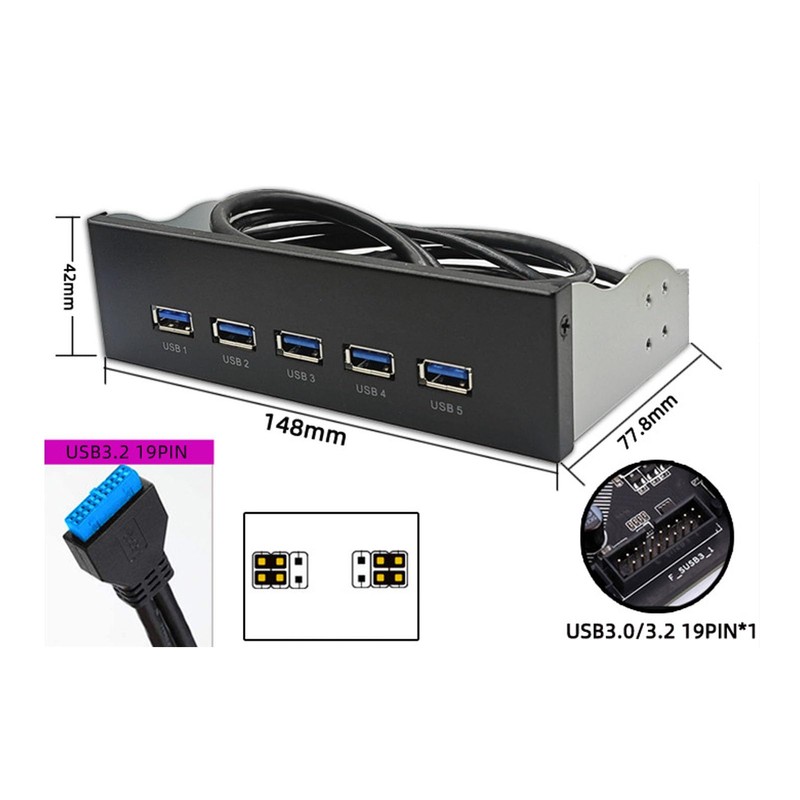 5.25 Inch Front Panel Hub, 5 Ports USB 3.2 GEN1