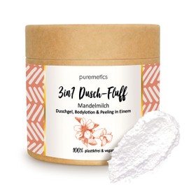Puremetics 3-in-1 Shower Fluff (250 g), Shower Gel, Peeling and Lotion in One, Vegan & Plastic Free, Nourishing, Skin-Refining & Smoothing, without Microplastic, Sugar Sea Salt Peeling, Zero Waste